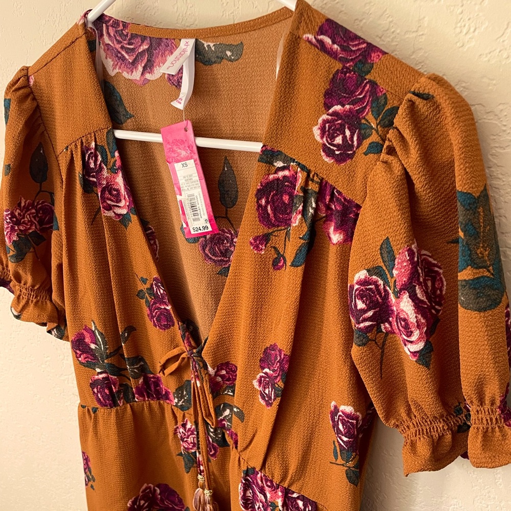 **NWT** size XS Xhilaration dress, dark yellow with floral print